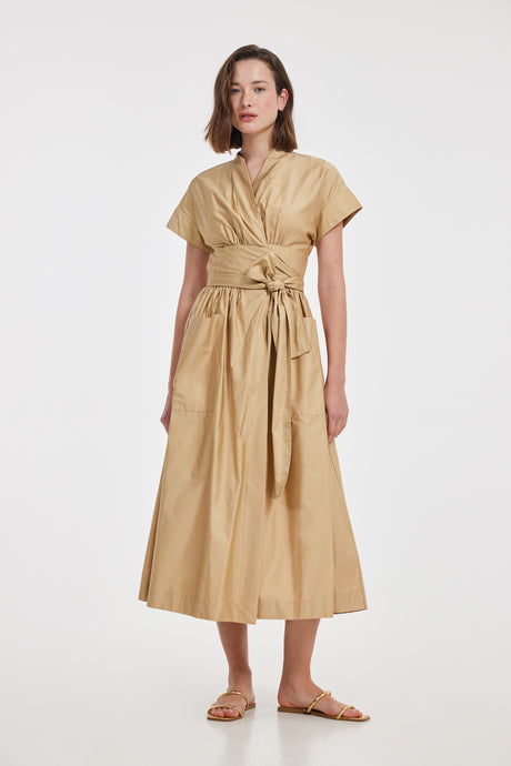 Beige short-sleeve midi dress with wrap front and tied waist belt, relaxed fit.