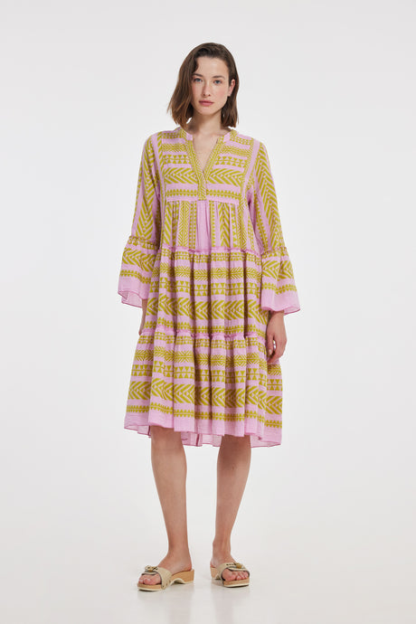 Midi dress with lime and pink jacquard stripes, long sleeves, and tiered skirt detail.