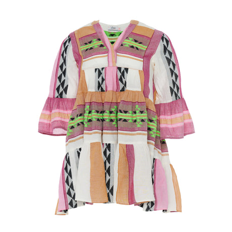 Pink and green jacquard dress with geometric patterns and flared sleeves.