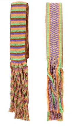 Woven belt with multicolor stripes and fringed ends, featuring green, pink, orange, and purple tones.