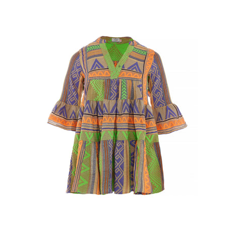 Colorful jacquard dress with green and orange geometric patterns, V-neck, and flared sleeves.