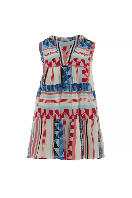 Sleeveless girl’s dress with blue, red, and beige striped jacquard pattern and tiered skirt.