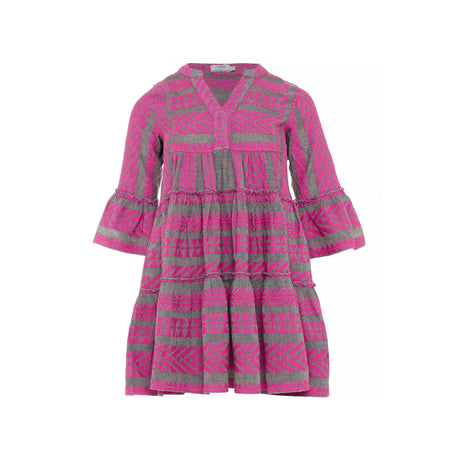 Fuchsia and brown jacquard dress with V-neck and tiered flared sleeves.
