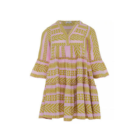 Pink and lime jacquard dress with tiered skirt and flared three-quarter sleeves.