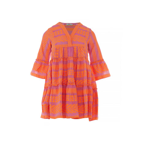 Orange and fuchsia jacquard tiered dress with bell sleeves and V-neckline.