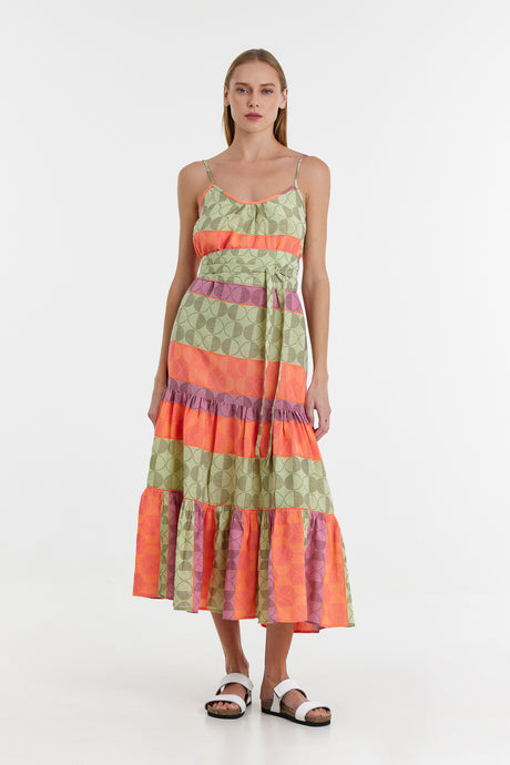 Sleeveless maxi dress with orange, lime, and lavender jacquard stripes and a tiered ruffle hem.