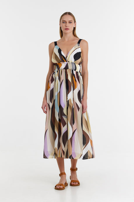 Sleeveless midi dress with abstract multicolor print and adjustable waist tie.