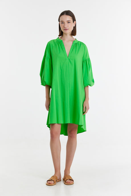 Green midi dress with balloon sleeves and V-neck, relaxed fit, lightweight fabric.