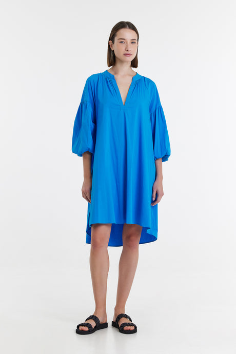Turquoise midi dress with V-neck and voluminous three-quarter sleeves, loose fit.