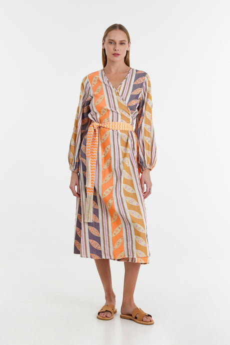 Long-sleeve jacquard dress with orange and lilac vertical stripes and wrap waist detail.