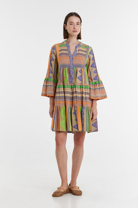 Multicolor jacquard short dress with bell sleeves and tiered skirt, featuring green and orange patterns.
