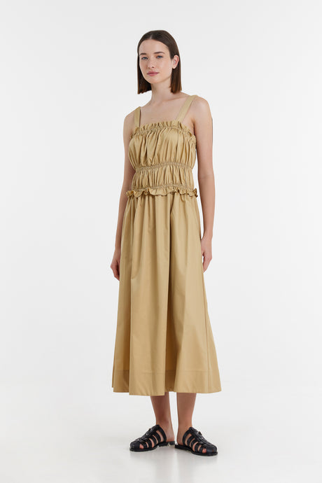 Sleeveless midi dress in beige popeline with gathered waist and adjustable straps.