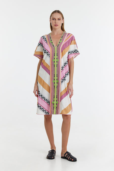 Pink, green, and tan jacquard midi dress with geometric stripes and V-neck, loose fit.