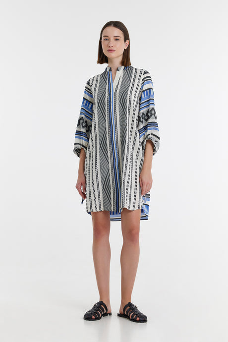 Blue and black jacquard short dress with vertical stripes and balloon sleeves.