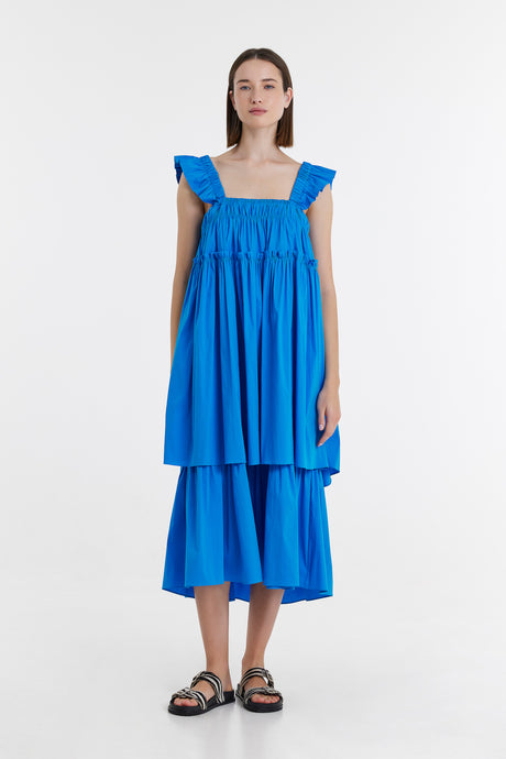 Turquoise sleeveless midi dress with square neckline and ruffled shoulder details, layered skirt, loose fit.
