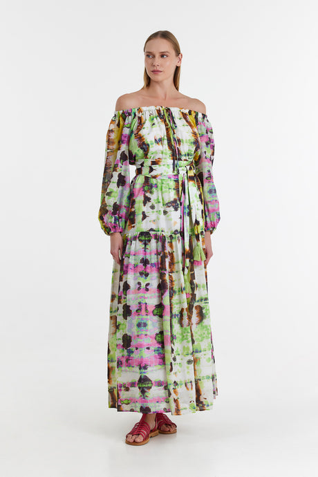 Off-shoulder long dress with colorful floral print and cinched waist in fuchsia tones.