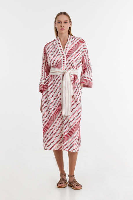 Red and off-white striped jacquard long dress with wide sleeves and cream waist tie.