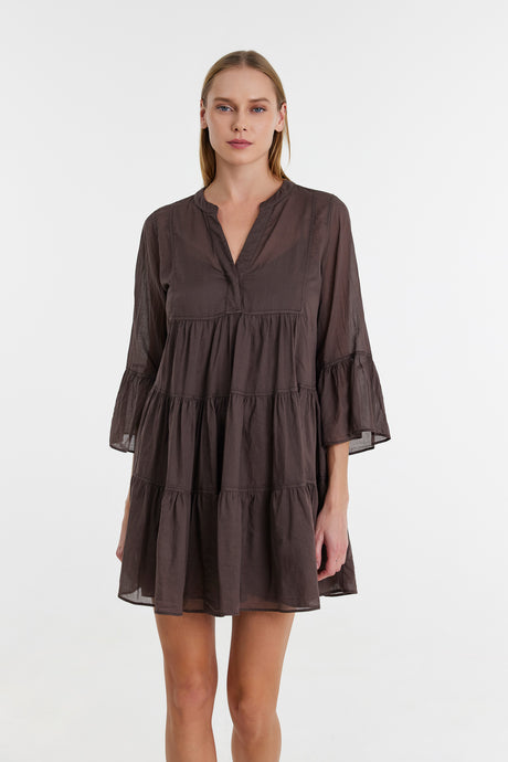 Brown tiered voile short dress with 3/4 puff sleeves and V-neckline.