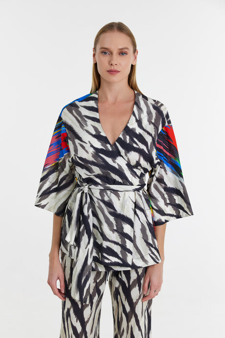 Multicolor zebra print blouse with deep V-neck and voluminous three-quarter sleeves.