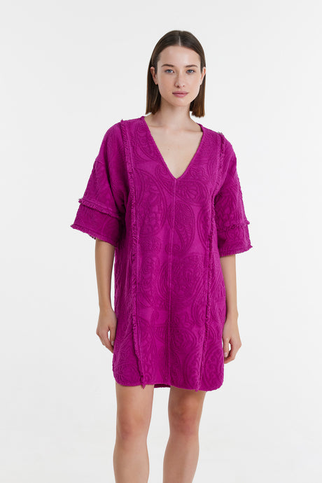Magenta short dress with V-neck and wide elbow-length sleeves, loose fit textured fabric.
