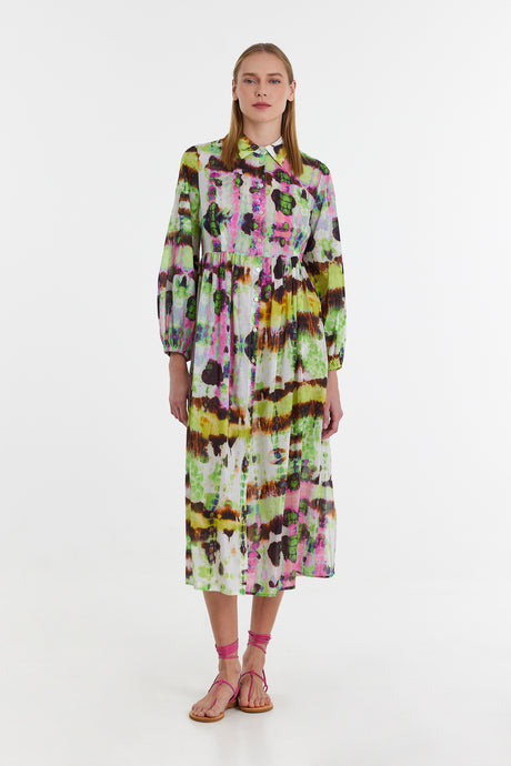 Long-sleeve midi dress with vibrant green, pink, and brown abstract floral print and gathered waist.