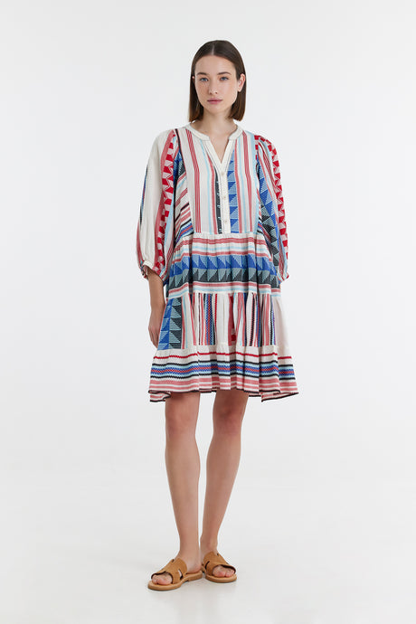 Blue, red, and white striped jacquard short dress with long sleeves and tiered skirt.