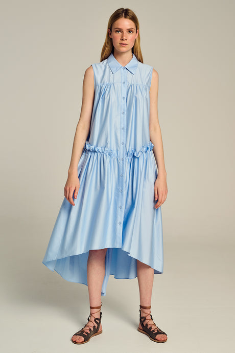 Sleeveless blue midi dress with collared neckline, button front, and asymmetrical hem.