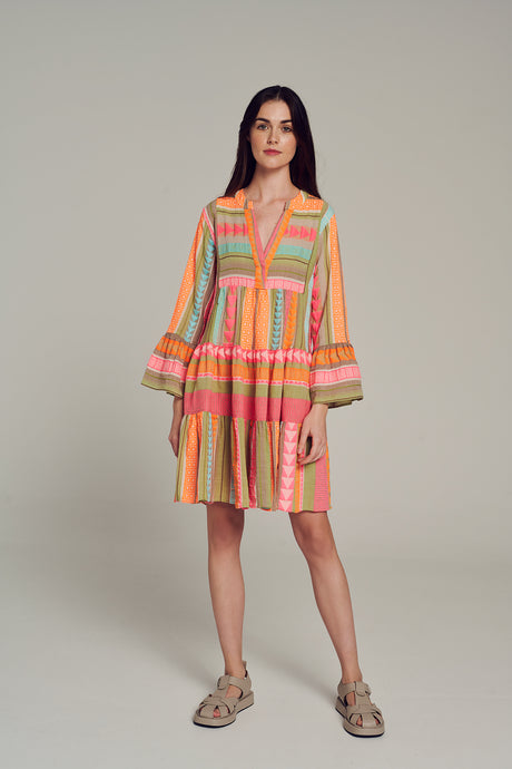 orange and pink dress with sleeves Colour Block Puff Sleeve Midi Dress in Pink Orange CHICIDA