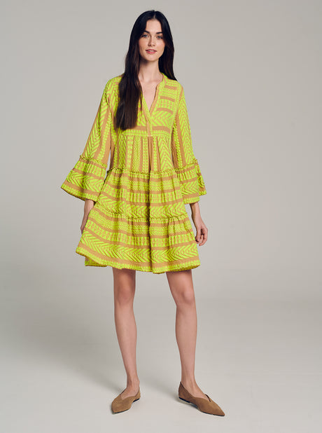 Short lime green and beige jacquard dress with tiered skirt and flared sleeves.