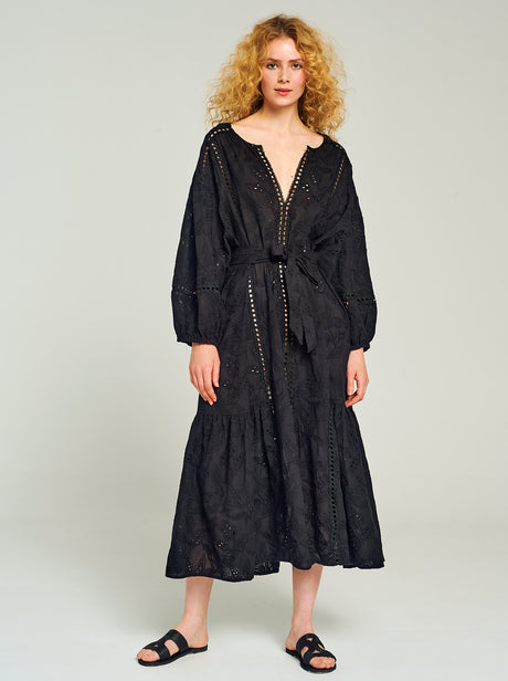 Black long dress with deep V-neck, balloon sleeves, embroidered details, and a waist tie belt.
