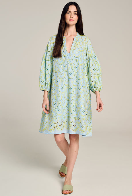 Light blue embroidered knee-length dress with balloon sleeves and V-neckline.