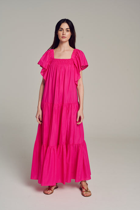 Bright pink midi dress with square neckline and tiered ruffle sleeves and skirt.
