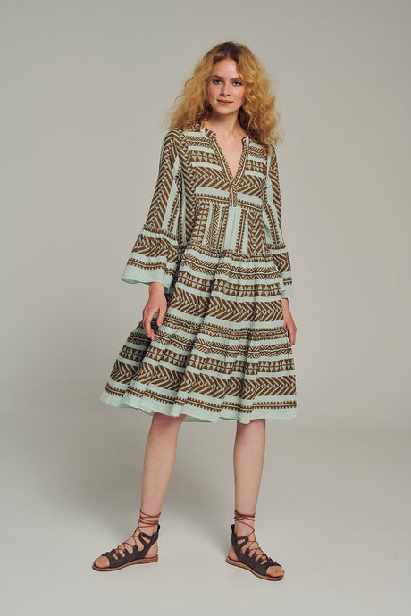 Brown and black jacquard midi dress with light blue accents, tiered skirt, and three-quarter sleeves.