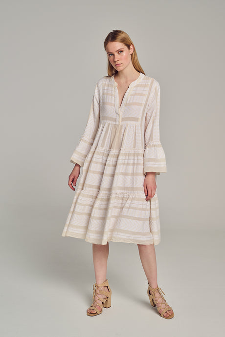off white midi dress with sleeves Clarissa | White Lace Crew-Neck Short-Sleeve Midi Dress