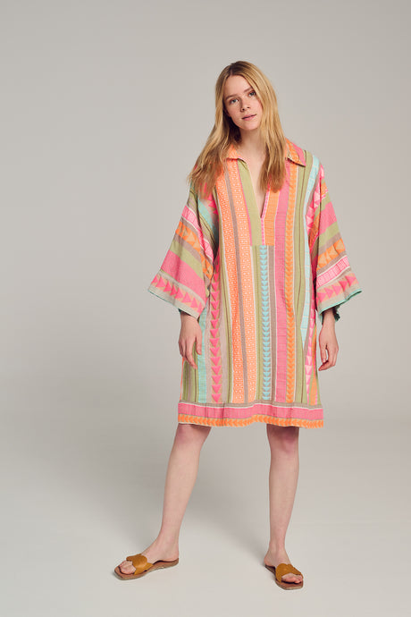 Short loose-fitting dress with multicolor vertical stripes and wide sleeves.