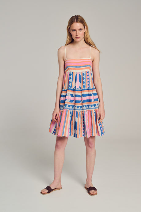 Strapless jacquard dress with multicolor horizontal stripes and a flared hem.