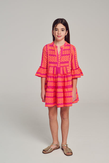 Girls pink and orange patterned dress with ruffled sleeves and button-front detail.