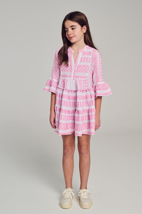 Pink and white striped long-sleeve mini dress with ruffled sleeves and buttoned neckline.