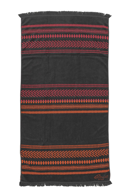 Dark gray towel with horizontal pink, orange, and red geometric stripes and fringe edges.