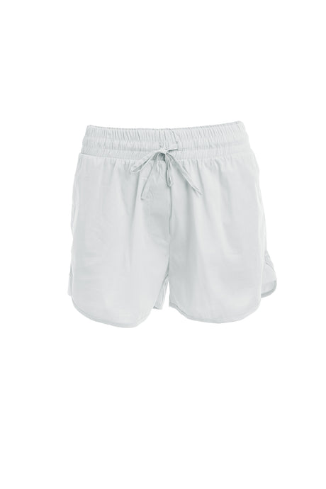 White elastic waist shorts with drawstring and relaxed fit in lightweight fabric.