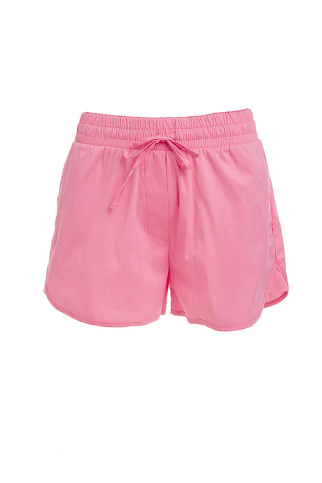 Pink elastic waist shorts with drawstring and relaxed fit.