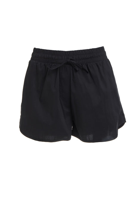 Black lightweight drawstring shorts with elastic waistband and relaxed fit.