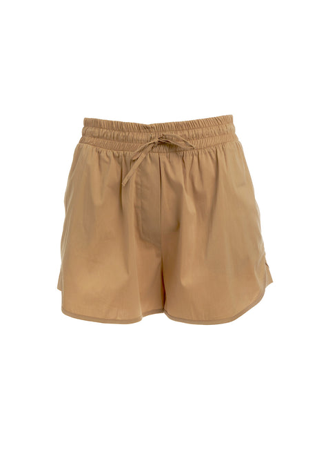 Beige elastic waist shorts with adjustable drawstring and side pockets.