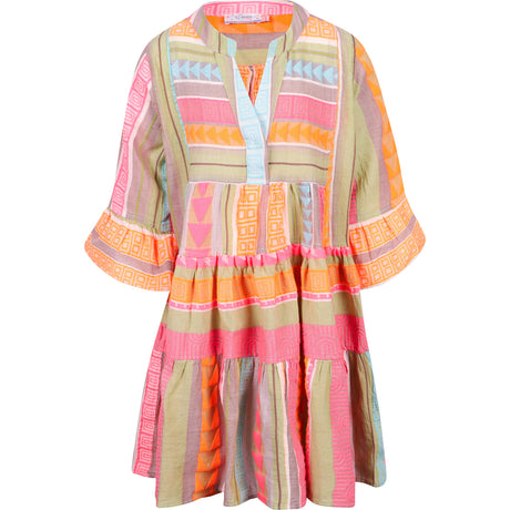 Colorful tiered dress with multi-patterned stripes in pink, orange, and beige, featuring bell sleeves and a V-neckline.