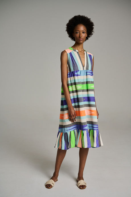 Multicolor striped midi jacquard dress with deep V-neck and ruffled hem.