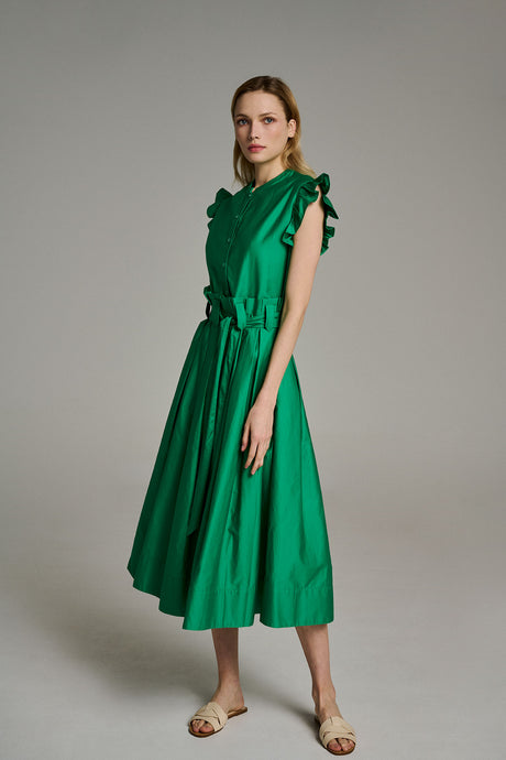 Green midi popeline dress with bow details on shoulders and tied waist belt.