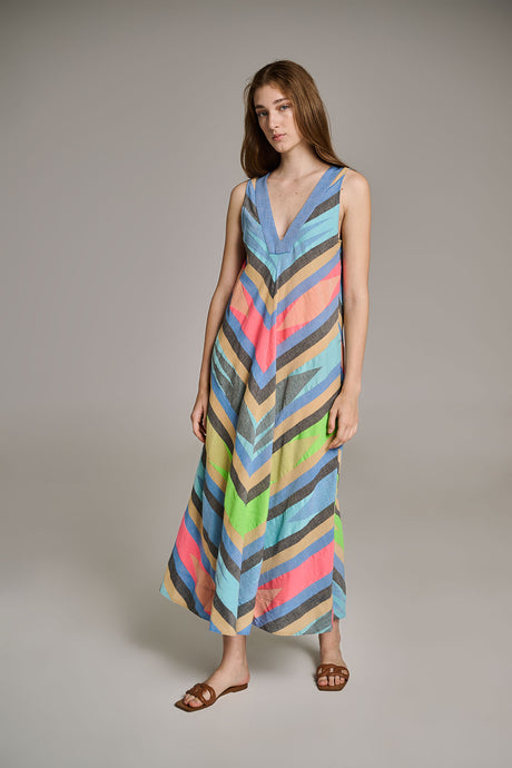 Sleeveless long jacquard dress with colorful diagonal stripes in blue, pink, green, and beige.
