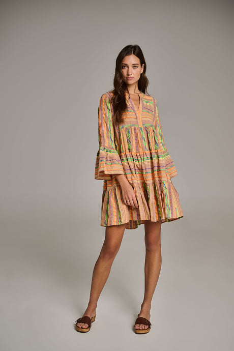 Beige and orange striped short dress with tiered skirt and flared long sleeves.