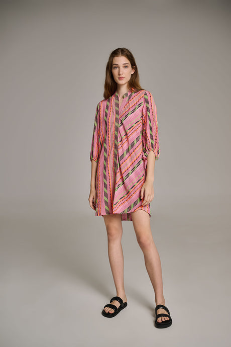 Pink and orange striped jacquard short dress with 3/4 sleeves and a collar.