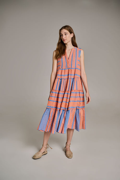 Sleeveless midi dress with orange and blue vertical jacquard stripes and a tiered skirt.